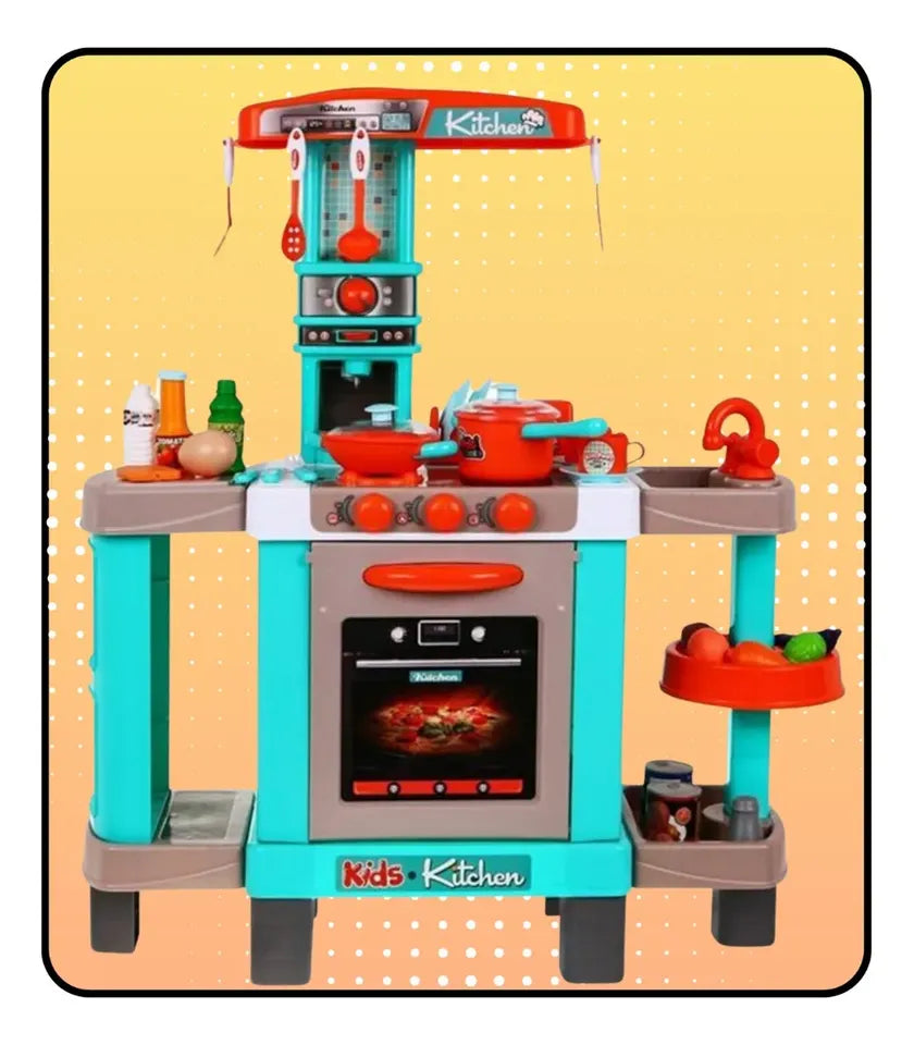 Cocina color verde menta con accesorios y luces