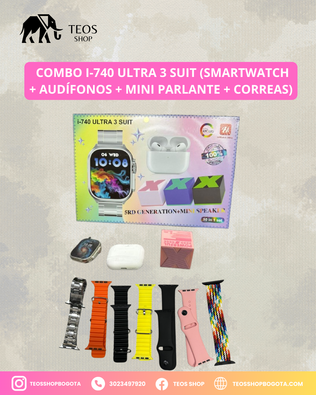 Combo i-740 Ultra 3 Suit (Smartwatch + Audífonos + Mini Parlante + Correas)