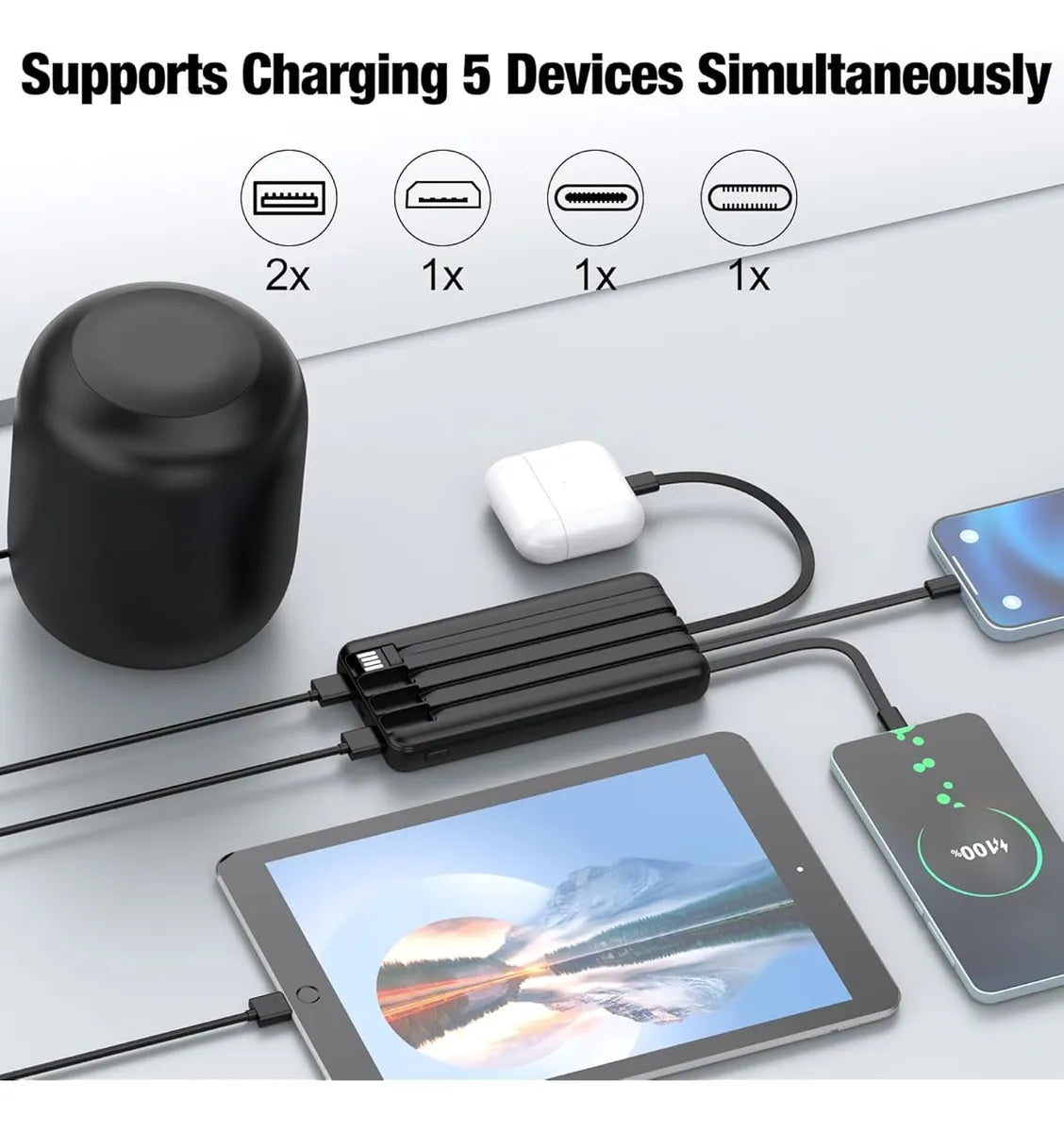 Power Bank 20000 MAH con cables integrados y pantalla digital