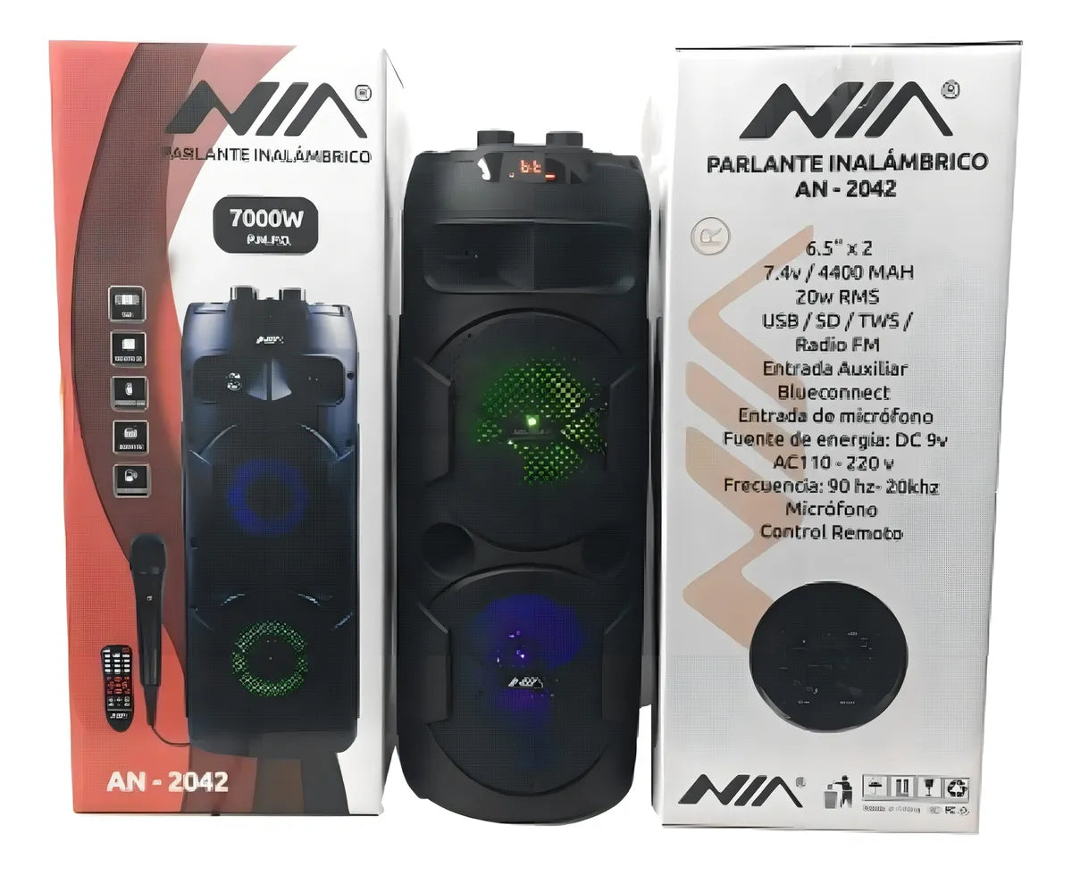 Parlante portátil NIA AN-2003 de 8” con luces LED, micrófono y control remoto