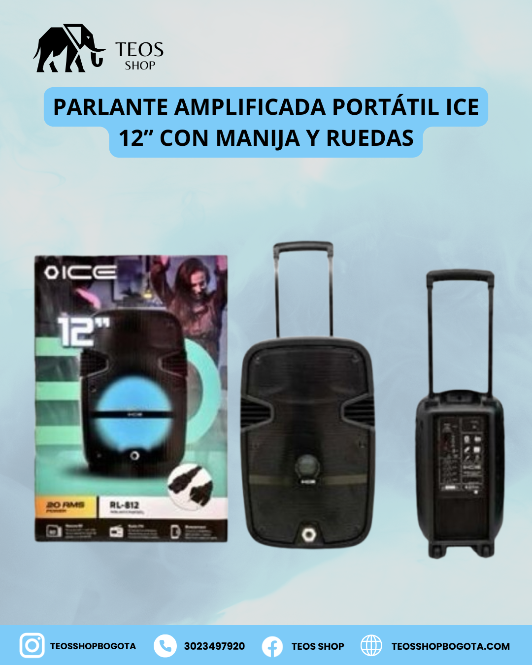 Parlante amplificada portátil ICE 12” con manija y ruedas