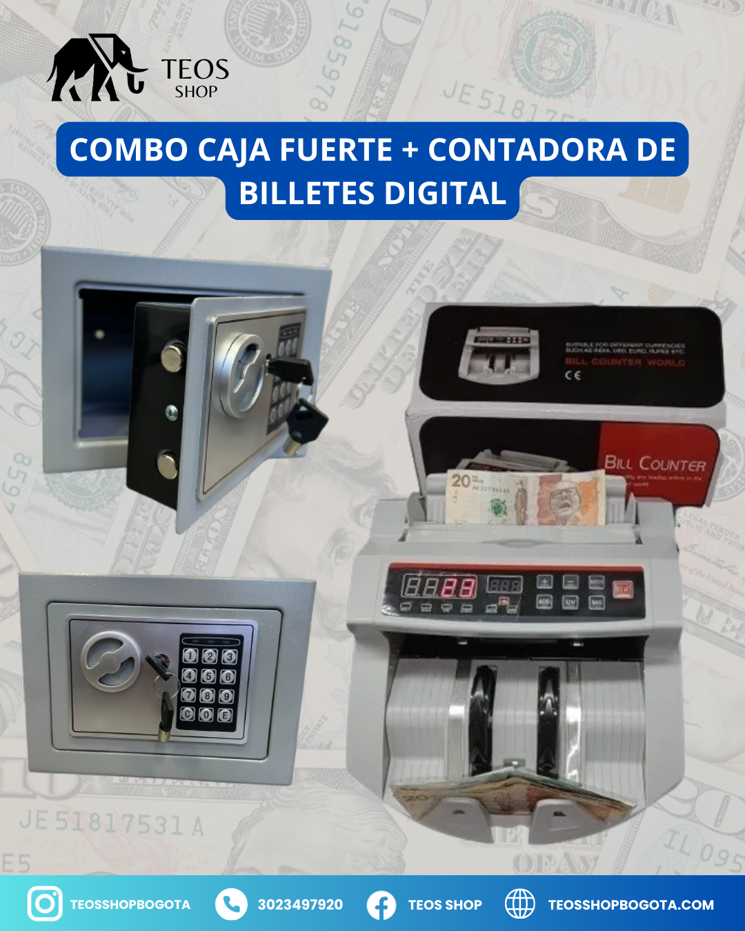 Combo Caja Fuerte + Contadora de Billetes Digital