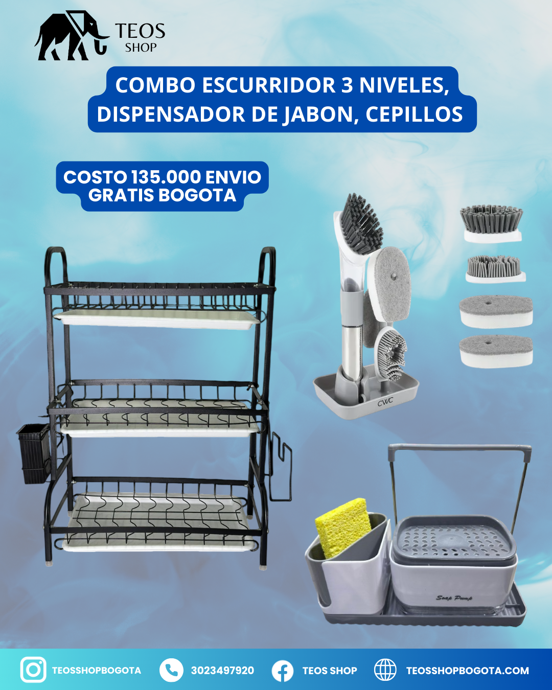 Combo escurridor 3 niveles, dispensador de jabón, Cepillos
