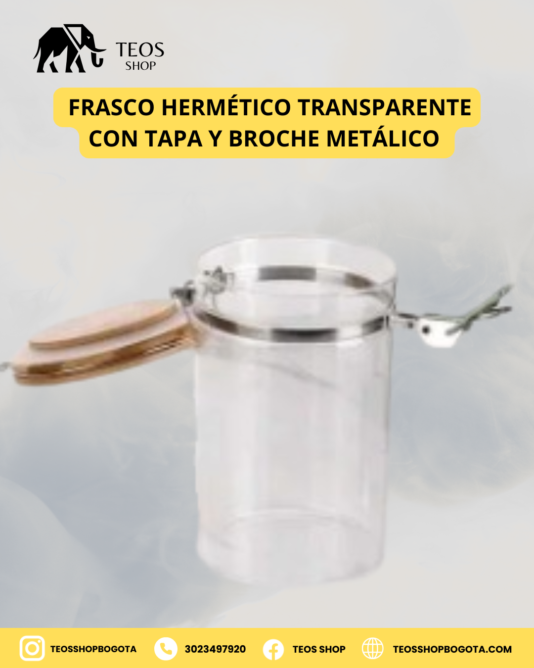 Frasco hermético transparente con tapa y broche metálico