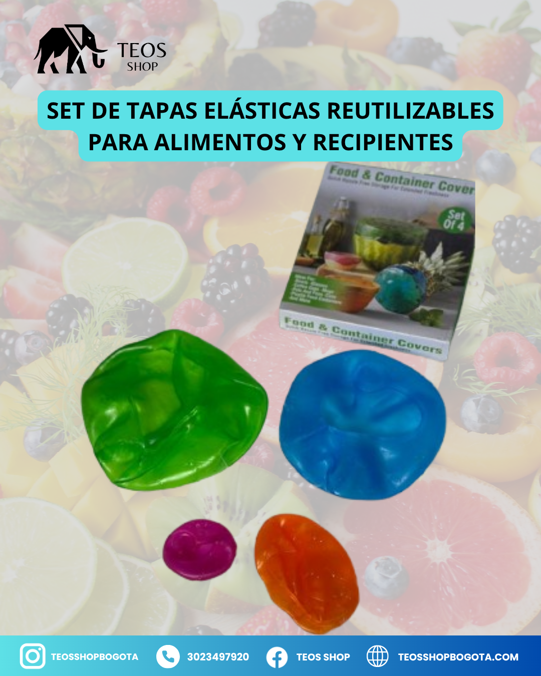 Set de tapas elásticas reutilizables para alimentos y recipientes
