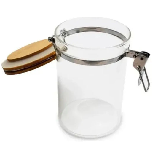 Frasco hermético transparente con tapa y broche metálico D15