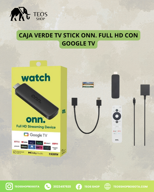 Caja verde TV Stick Onn. Full HD con Google TV