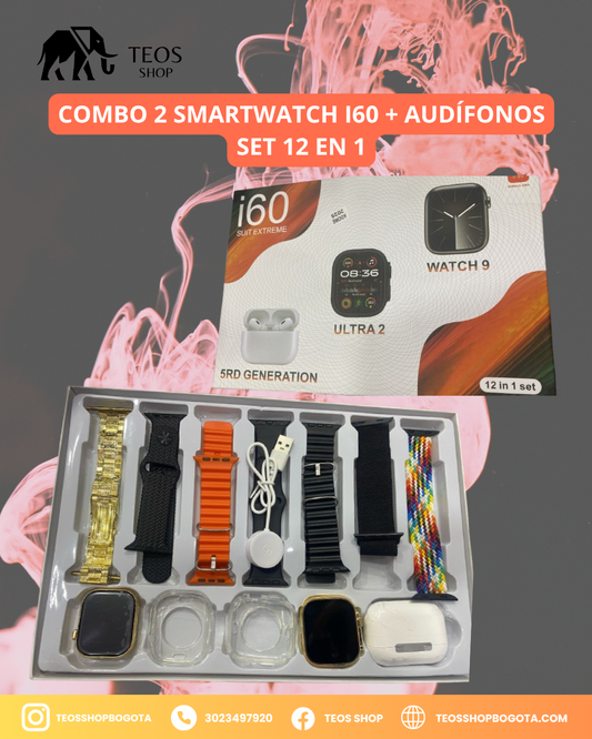 Combo 2 Smartwatch i60 + Audífonos Set 12 en 1