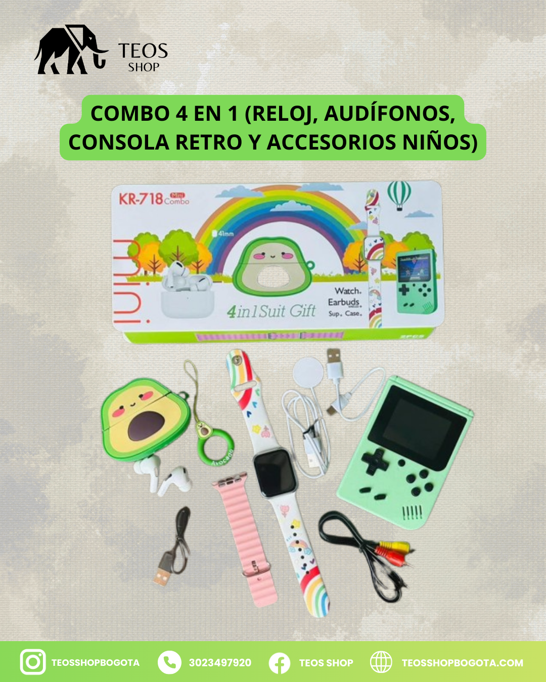 Combo 4 en 1 (Reloj, Audífonos, Consola Retro y Accesorios Niños)