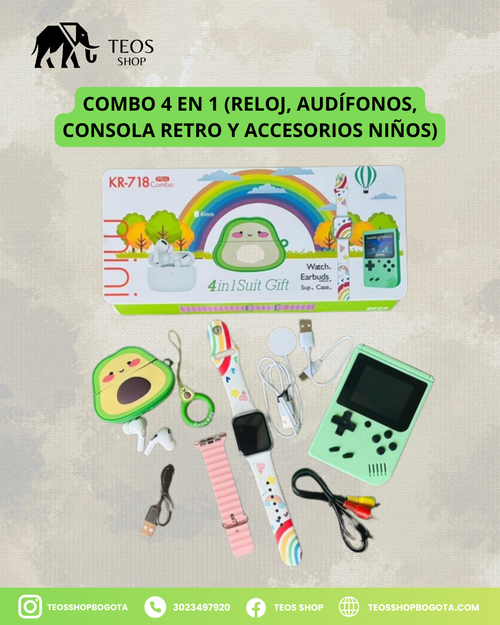 Combo 4 en 1 (Reloj, Audífonos, Consola Retro y Accesorios Niños)