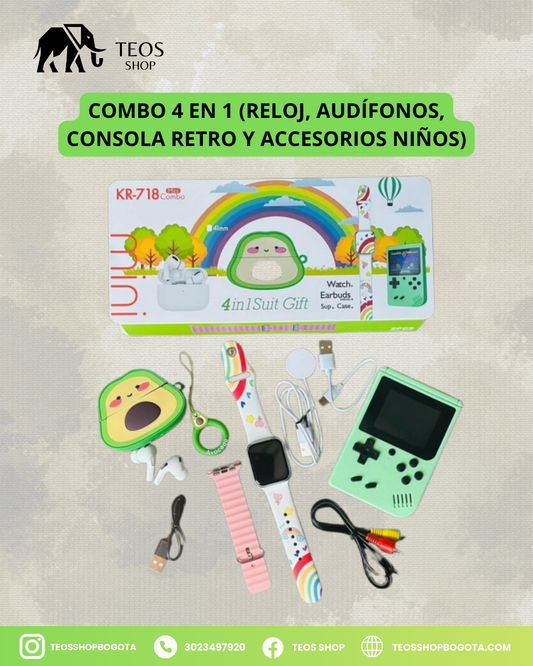 Combo 4 en 1 (Reloj, Audífonos, Consola Retro y Accesorios Niños)