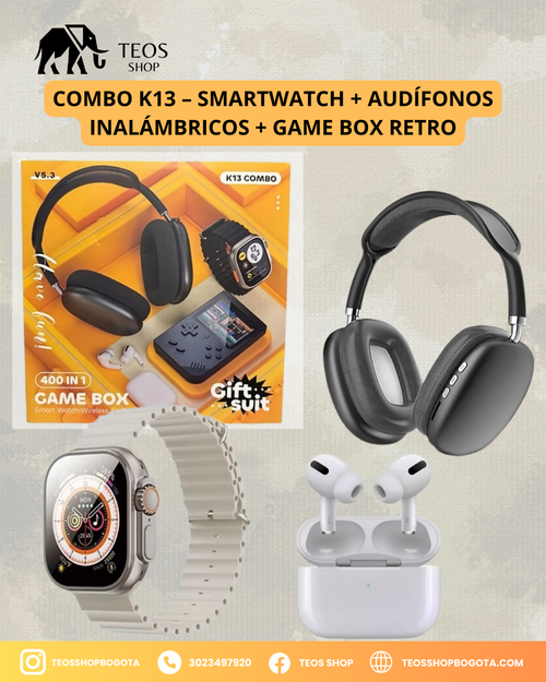 Combo K13 – Smartwatch + Audífonos Inalámbricos + Game Box Retro