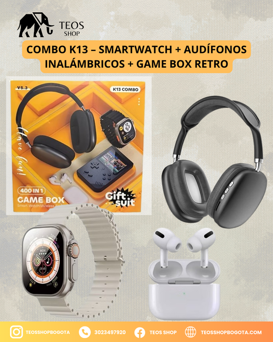 Combo K13 – Smartwatch + Audífonos Inalámbricos + Game Box Retro
