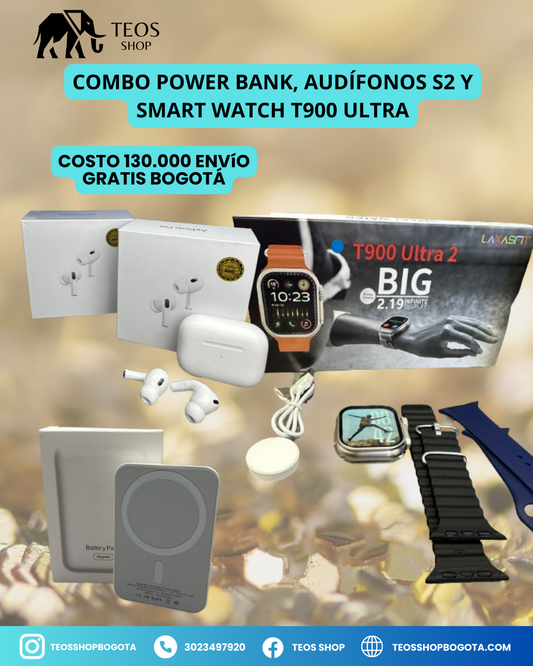 Combo Power Bank, Audífonos s2 y Smart Watch T900 ultra