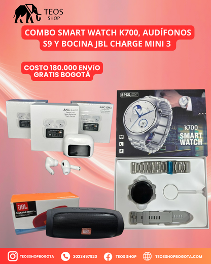 Combo Smart Watch K700, Audífonos S9 y Bocina JBL Charge Mini 3