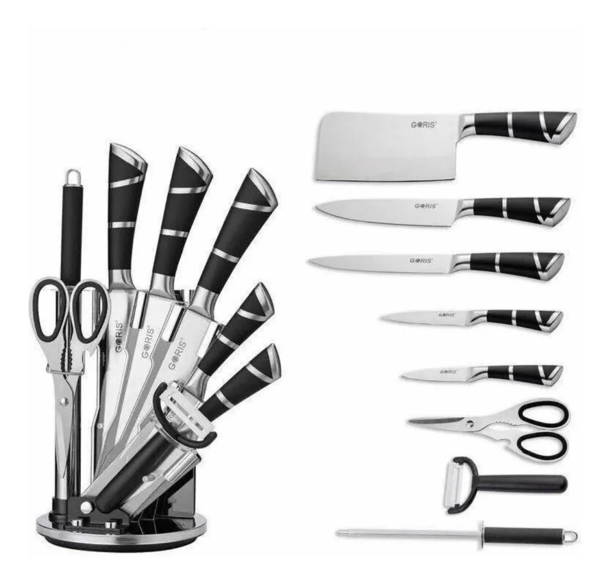 Juego de cuchillos profesionales con base giratoria y accesorios de cocina