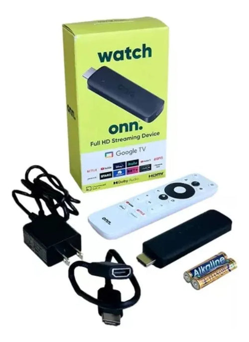 Caja verde TV Stick Onn. Full HD con Google TV