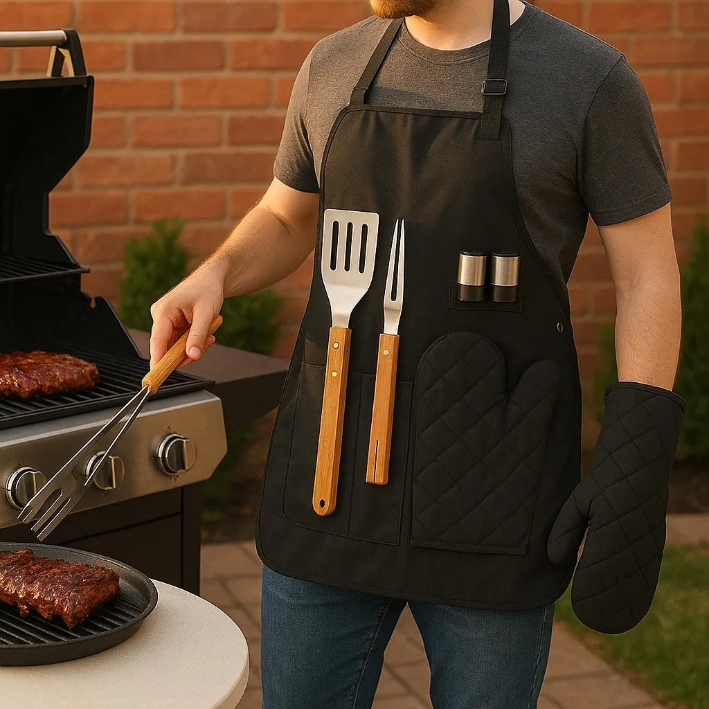 Set de utensilios para asado con delantal