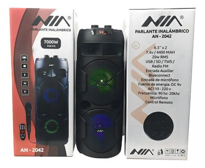 Parlante portátil NIA AN-2003 de 8” con luces LED, micrófono y control remoto
