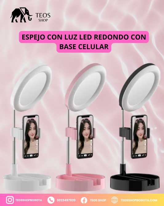 Espejo con luz led redondo con base para celular