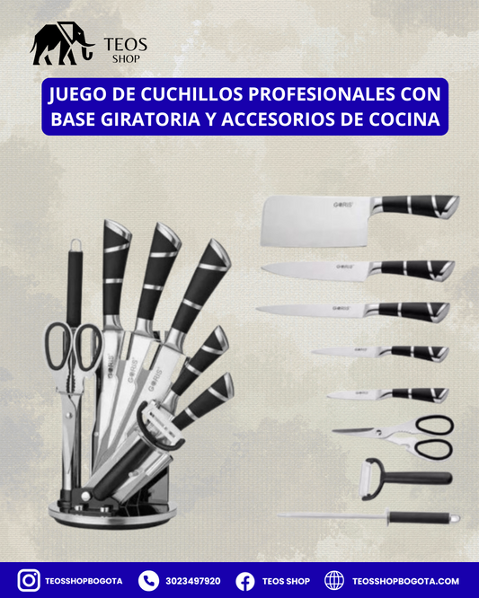 Juego de cuchillos profesionales con base giratoria y accesorios de cocina