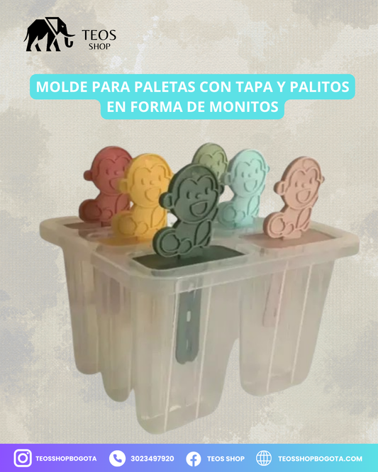 Molde para paletas con tapa y palitos en forma de monitos