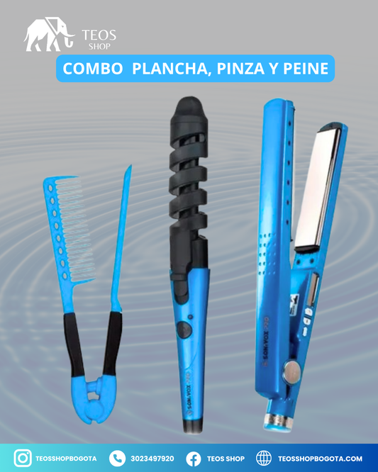 Combo plancha, pinza y peine