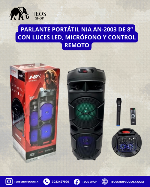 Parlante portátil NIA AN-2003 de 8” con luces LED, micrófono y control remoto
