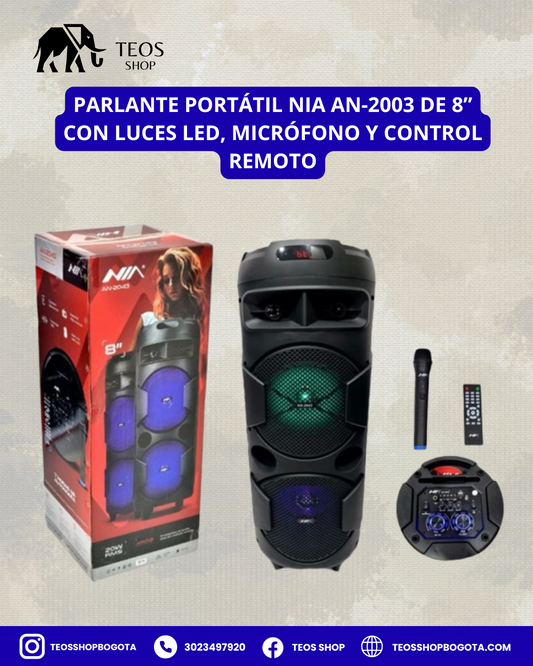 Parlante portátil NIA AN-2003 de 8” con luces LED, micrófono y control remoto