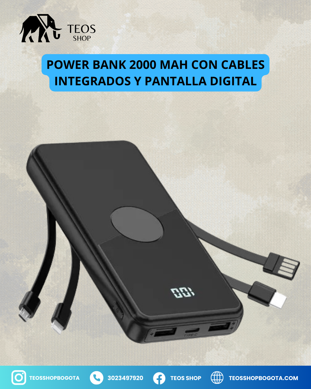 Power Bank 2000 MAH con cables integrados y pantalla digital