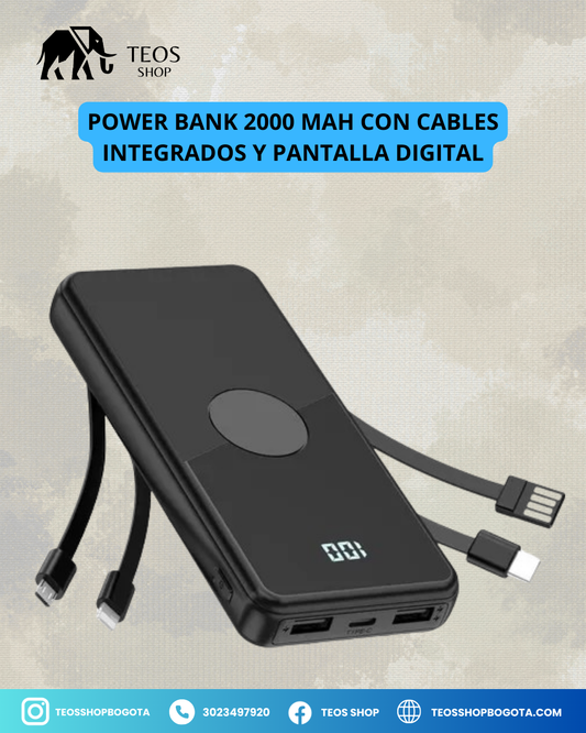 Power Bank 2000 MAH con cables integrados y pantalla digital
