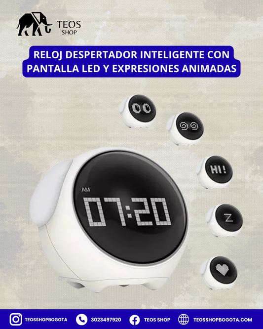 Reloj despertador inteligente con pantalla LED y expresiones animadas
