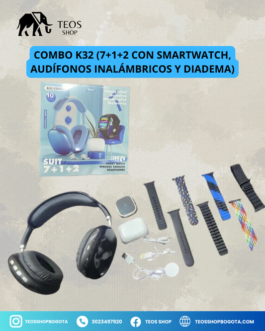 Combo K32 (7+1+2 con smartwatch, audífonos inalámbricos y diadema)