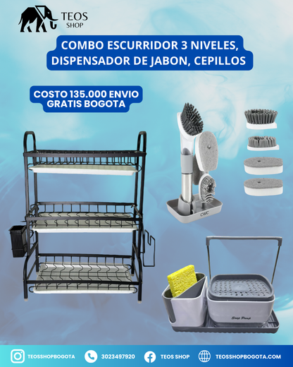 Combo escurridor 3 niveles, dispensador de jabón, Cepillos