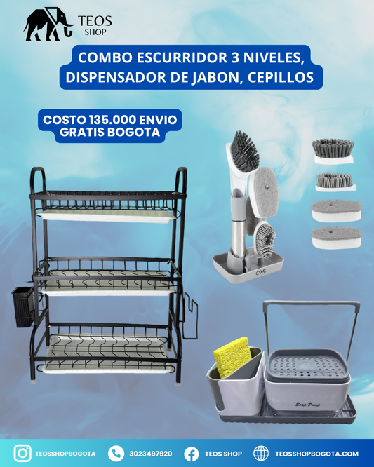 Combo escurridor 3 niveles, dispensador de jabón, Cepillos