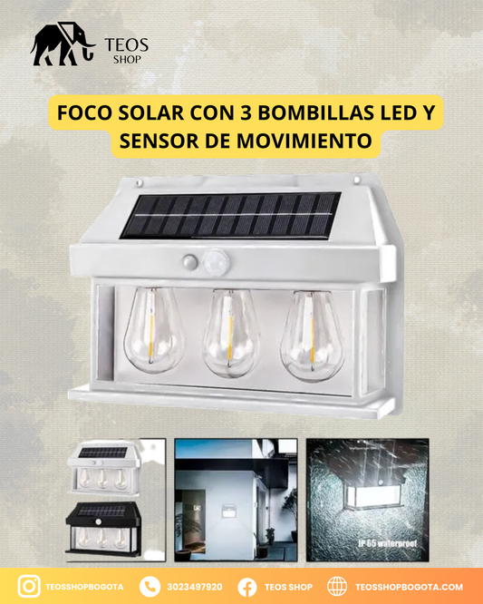 Foco solar con 3 bombillas LED y sensor de movimiento