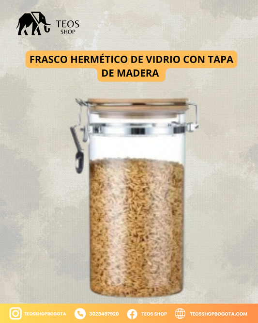 frasco hermético de vidrio con tapa de madera