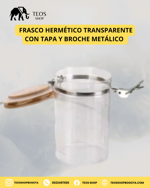 Frasco hermético transparente con tapa y broche metálico