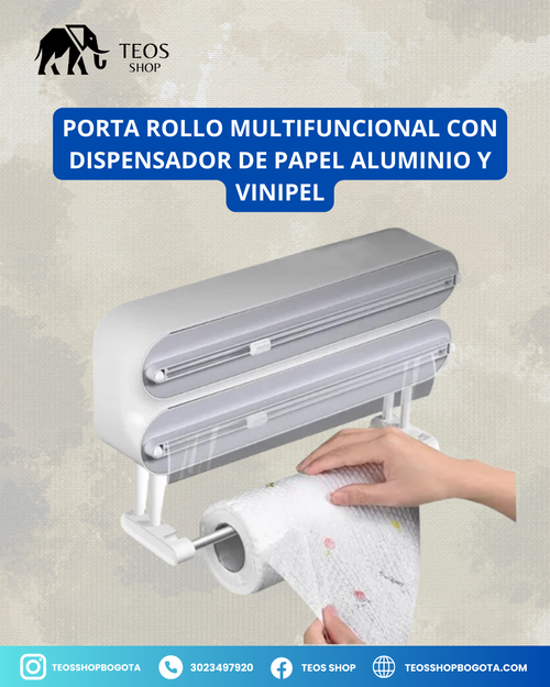 Porta rollo multifuncional con dispensador de papel aluminio y vinipel